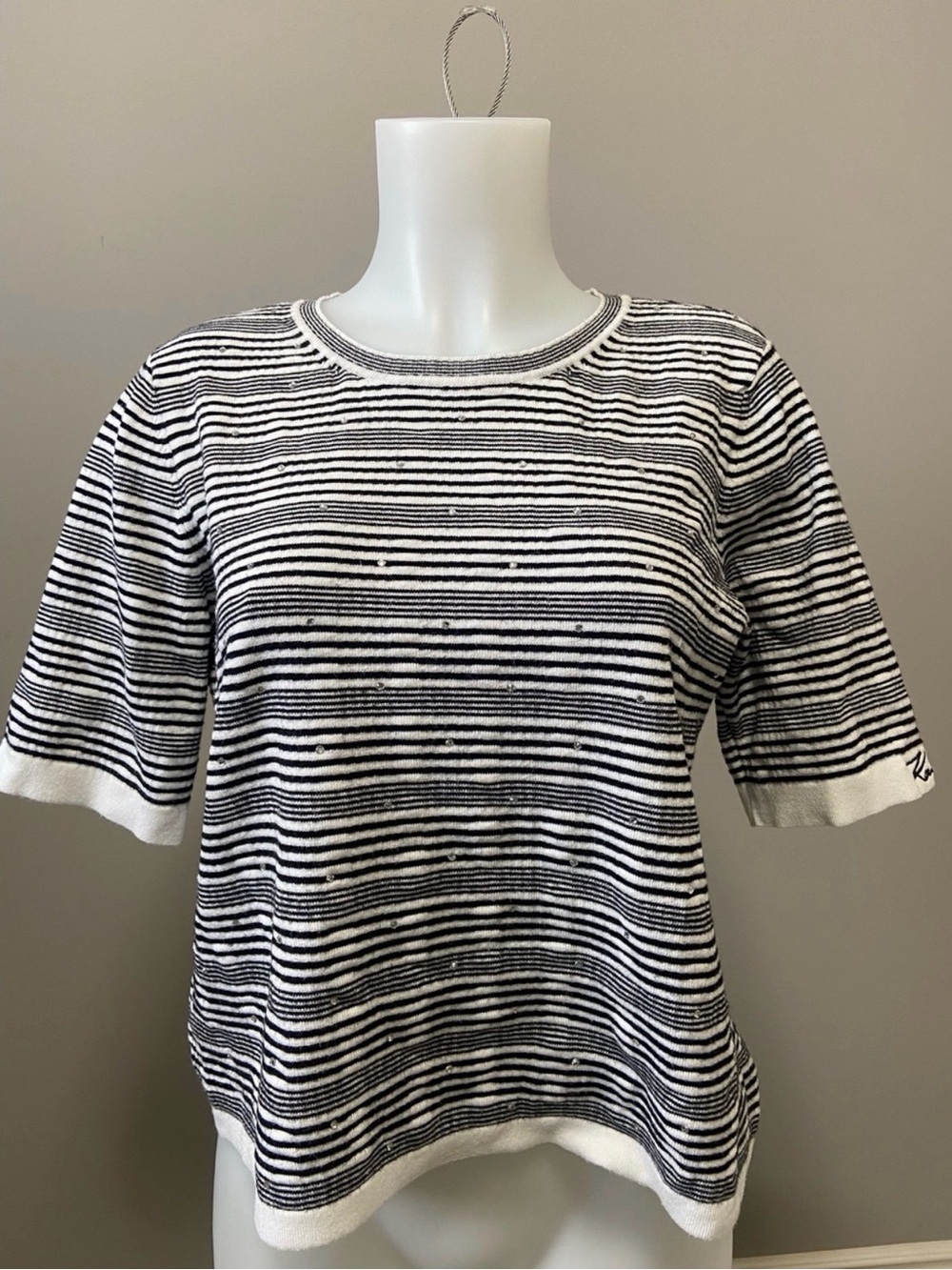 Karl Lagerfeld Black and White Striped Short Sleeve Knit Top